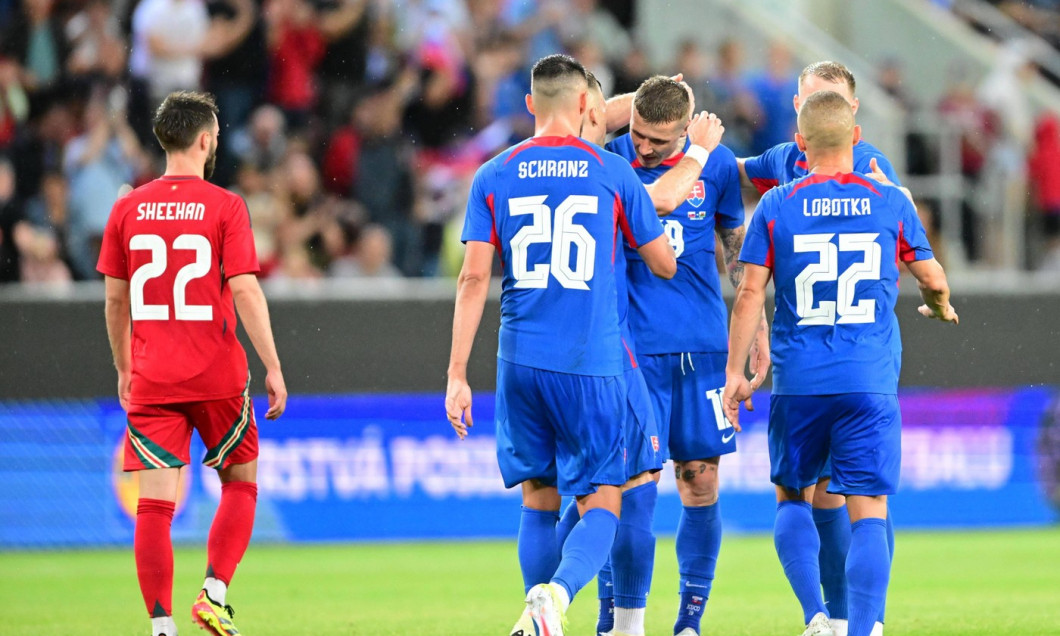 Juraj Kucka a goal celebrate with his teammates during friendly match, Slovakia - Wales, 09. june 2024 Trnava Slovakia C