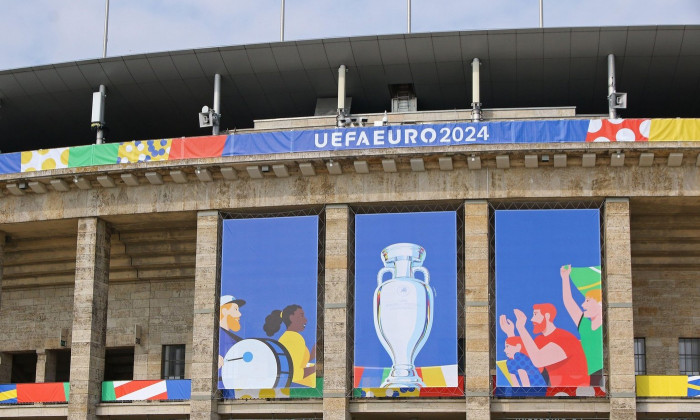 Berlin, Germany - June 7, 2024: Details of the UEFA EURO 2024 set-up inside the Olympiastadion Berlin during the Open Media Day in week before the UEFA EURO 2024 Tournament