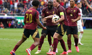 FRANKFURT, GERMANY - JUNE 17: Romelu Lukaku of Belgium, Lois Openda of Belgium, Kevin De Bruyne of Belgium after scoring the goal but it was offside during the Group E - UEFA EURO 2024 match between Belgium and Slovakia at Deutsche Bank Park on June 17,