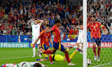 Lamine Yamal and Alvaro Morata of Spain celebrate their team s first goal, an own goal scored by Riccardo Calafiori of I