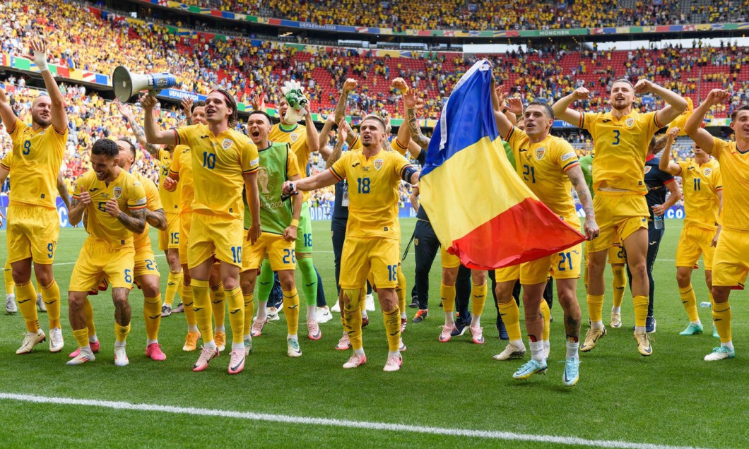 Munich, Germany. 17th June, 2024. Munich, Germany, June 17th 2024: Players of Romania celebrating in front of their fans after the UEFA EURO 2024 Group E football match between Romania and Ukraine at Arena Munich, Germany. (Sven Beyrich/SPP) Credit: SPP S