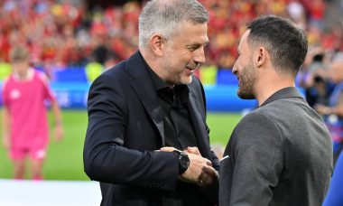 240622 EURO2024 BELGIUM VS ROMANIA Coach Edward Iordanescu of Romania and Coach Domenico Tedesco of Belgium greet each o