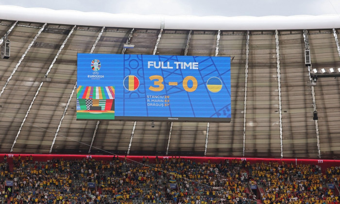 Munich, Germany. 17th Jun 2024. Final score of the UEFA EURO 2024 group stage match Romania v Ukraine seen on electronic scoreboard of Munich Football Arena in Munich, Germany. Credit: Oleksandr Prykhodko/Alamy Live News