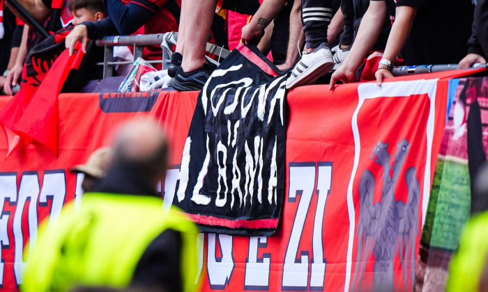 Fans von Albanien mit Fahne "Kosovo is Albania"GER, Kroatien vs. Albanien, Fussball Europameisterschaft, UEFA Euro 2024, Spieltag 2, 19.06.2024Foto: Eibner-Pressefoto/Marcel von Fehrn