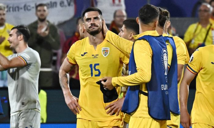 240622 EURO2024 BELGIUM VS ROMANIA Andrei Burca (15) of Romania looks dejected after a soccer game between the national