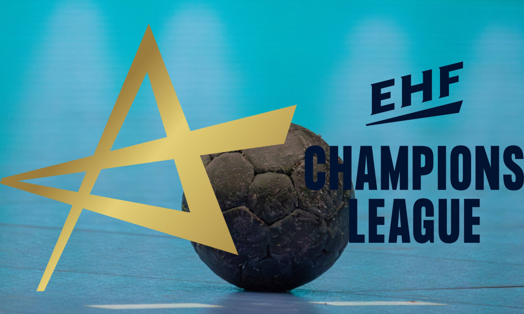 Symbolbild EHF Champions League (Handball): Logo und Nahaufnahme von einem Handball *** Symbolic image of the EHF Champi