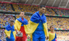 Munich, Germany. 17th June, 2024. Munich, Germany, June 17th 2024: Andriy Lunin (23 Ukraine) and Taras Stepanenko (6 Ukraine) while entering the pitch before the UEFA EURO 2024 Group E football match between Romania and Ukraine at Arena Munich, Germany. (