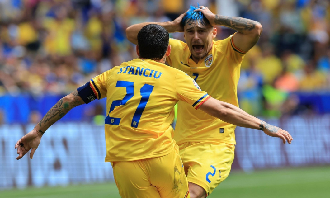 Munich Football Arena, Munich, Germany. 17th June, 2024. Euro 2024 Group E Football, Romania versus Ukraine; Nicolae Stanciu (rom) celebrates his goal for 1-0 in the 29th minute with Andrei Ratiu Credit: Action Plus Sports/Alamy Live News