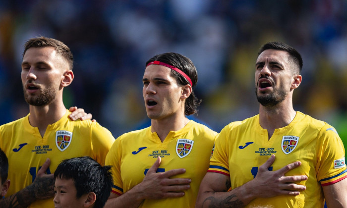 Frankfurt, Germany, June 26th 2024 FRANKFURT, GERMANY - JUNE 26 Denis Dragus of Romania, Ianis Hagi of Romania and Andrei Burca of Romania line up before the UEFA Euro 2024 Championship Group E match between Slovakia and Romania at Frankfurt Arena on June