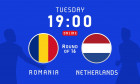 Romania vs Netherlands, round of 16, July 2024, flag emblems. Vector background with Romanian and Netherlands flags for news program or TV broadcast