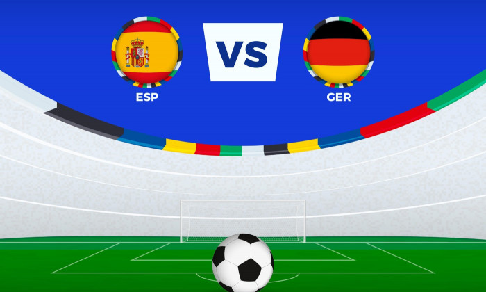 Illustration of stadium for football match between Spain vs Germany, stylized template from soccer tournament. Vector illustration.
