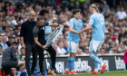 Erling Haaland of Manchester City is replaced by Julian Alvarez during the Premier League match between Fulham and Manchester City at Craven Cottage, London on Saturday 11th May 2024. (Photo: Federico Maranesi | MI News)