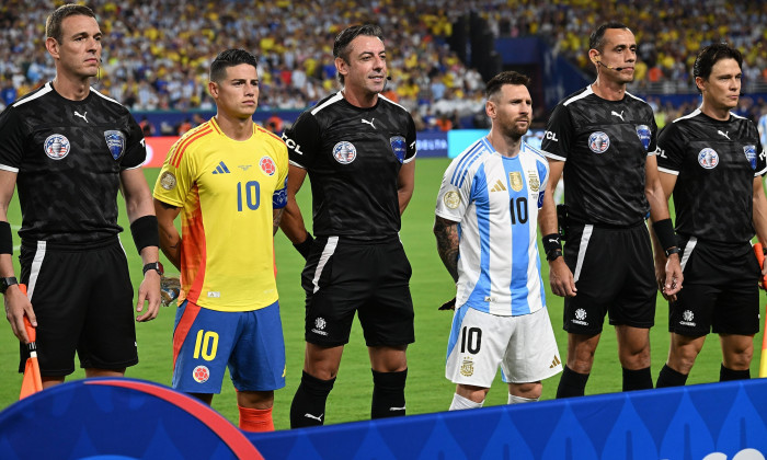 RECORD DATE NOT STATED Copa America USA 2024 Argentina 1-0 Colombia - Final James Rodriguez (L) of Colombia, Referee Rap