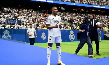 Kylian Mbappe seen during his presentation as new player of Real Madrid at Estadio Santiago Bernabeu on July 16, 2024 in Madrid, Spain.