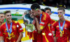 Berlin, Germany. 14th July, 2024. Berlin, Germany, July 14th 2024: Aymeric Laporte (14 Spain) kisses the trophy celebrating the victory of the Final during the ceremony after the UEFA EURO 2024 Germany Final football match between Spain and England at Oly