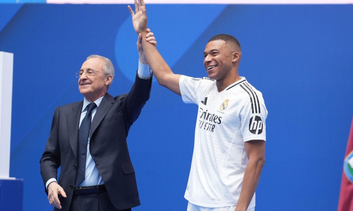 President of Real Madrid Florentino PEREZ and Kylian MBAPPE during his presentation as a new player of Real Madrid CF on 16 July 2024 at Santiago Bernabeu stadium in Madrid, Spain