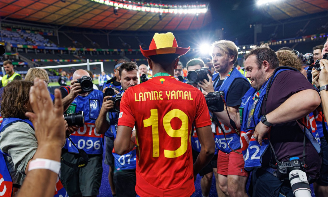 Lamine Yamal seen celebrating and crowded by photographers after winning UEFA EURO, EM, Europameisterschaft,Fussball 202