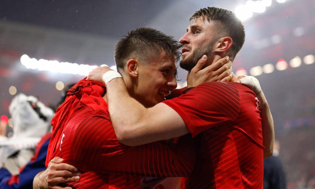 Leipzig, Germany. 2nd July, 2024. Ismail Yuksek of Turkey celebrates the 2-1 victory and passage to the quarter finals with team mate Arda Guler following the final whistle of the UEFA European Championships Round of 16 match at Leipzig Stadium, Leipzig.