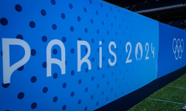 Saint-Etienne, France, 24/07/2024, Illustration of the official logo during the football match between Uzbekistan and Spain, Olympic Games Paris 2024 on 24 July 2024 at Parc des Princes stadium in Paris, France