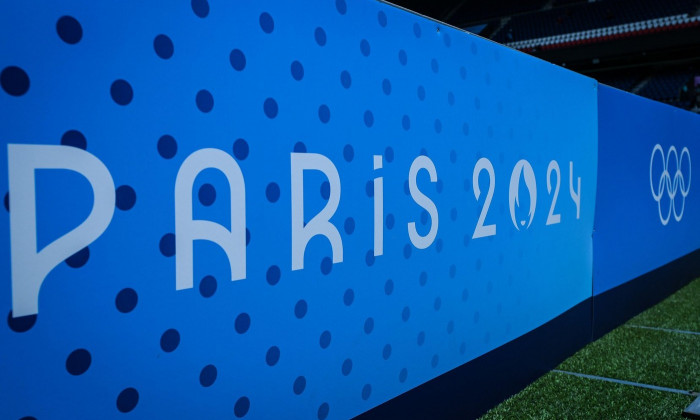 Saint-Etienne, France, 24/07/2024, Illustration of the official logo during the football match between Uzbekistan and Spain, Olympic Games Paris 2024 on 24 July 2024 at Parc des Princes stadium in Paris, France