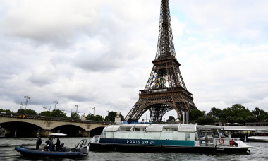 Paris - France, July 23, 2024, rehearsal of the opening parade of the Paris Olympic Games on the River Senna, in front of the Eiffel Tower