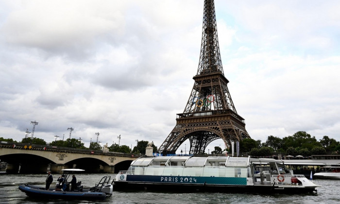 Paris - France, July 23, 2024, rehearsal of the opening parade of the Paris Olympic Games on the River Senna, in front of the Eiffel Tower