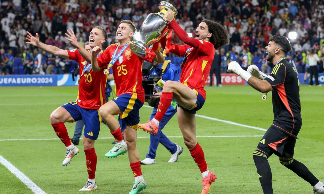 Berlin, Germany. 14th July, 2024. Spain Forward Dani Olmo Leipzig Spain Forward Fermn Lopez Barcelona Spain Defender Marc Cucurella Chelsea celebrate winning during the Spain v England UEFA Euro 2024 Final at the Olympiastadion Stadium, Berlin, Germany on