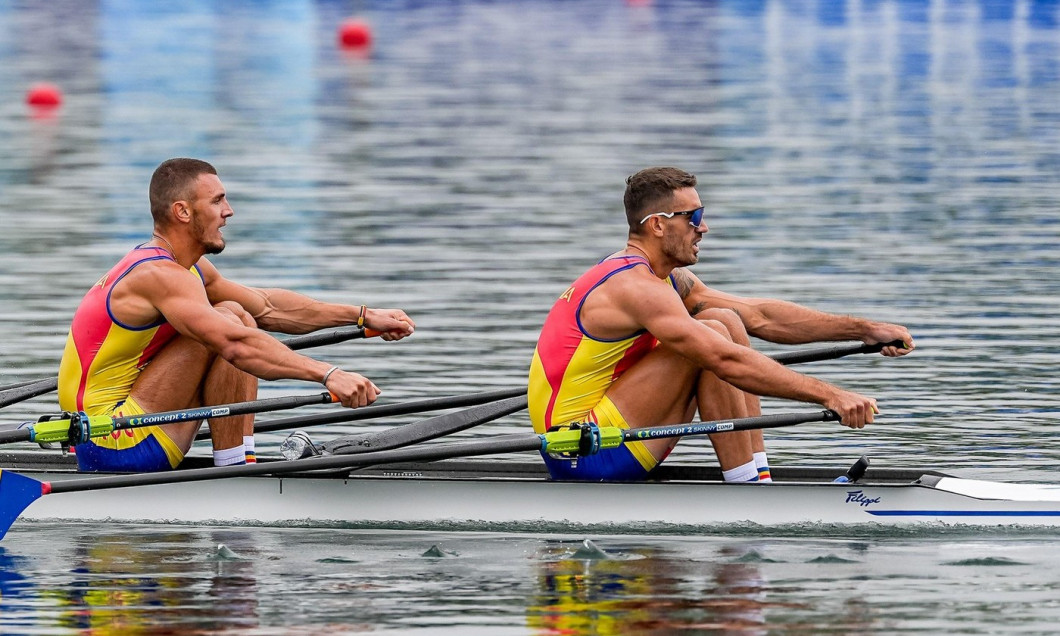 Paris, France. 27th July, 2024. PARIS, FRANCE - JULY 27: Andrei Sebastian Cornea of Romania and Marian Florian Enache of Romania competing in the Men's Double Sculls Heat during Day 1 of Rowing - Olympic Games Paris 2024 at Vaires-Sur-Marne Nautical Stadi