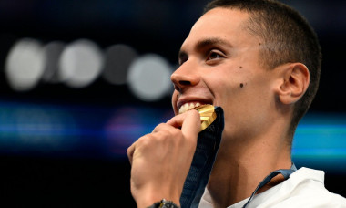 David Popovici of Romania attends the medal ceremony of the 200m Freestyle Men Final during the Paris 2024 Olympic Games at La Defense Arena in Paris (France), July 29, 2024. David Popovici placed first winning the gold medal.