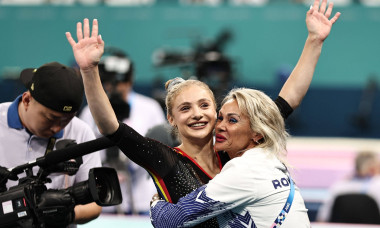 Sabrina Voinea-Maneca with her mother Camelia Voinea, ROU, after beam during qualification at 2024 Olympic Games, Olympi