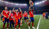 Berlin, Olympiastadion, 14.07.2024: Martin Zubimendi of spain celebrates the winning of the trophy with fans and team, Daniel Carvajal of spain after the final match 2:1 at the Uefa Euro 2024 Spain vs. England