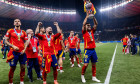 Berlin, Olympiastadion, 14.07.2024: Martin Zubimendi of spain celebrates the winning of the trophy with fans and team, Daniel Carvajal of spain after the final match 2:1 at the Uefa Euro 2024 Spain vs. England