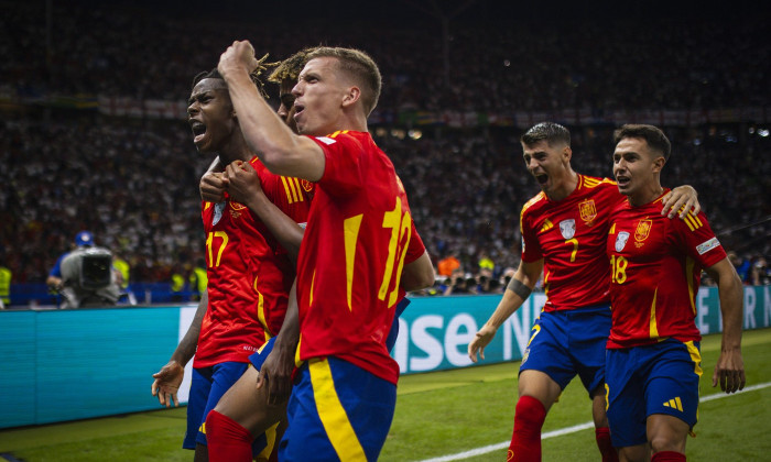 Berlin, Germany. 14th Jul 2024. Goal celebration: Nico Williams (ESP) Lamine Yamal (ESP) Dani Olmo (ESP) Alvaro Morata (