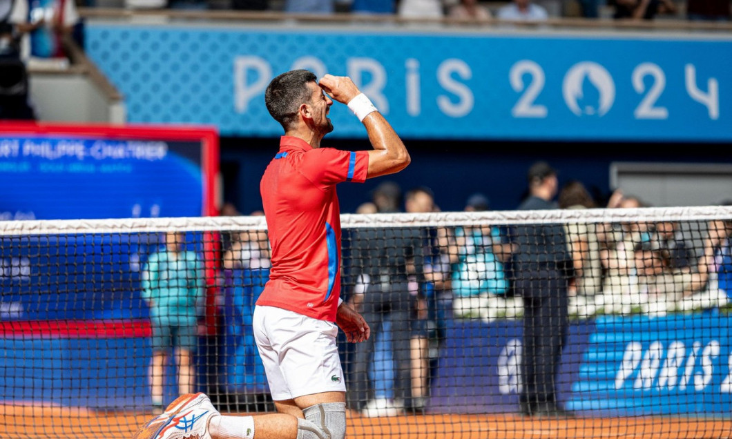 Paris, France. 04th Aug, 2024. Novak Djokovic of Serbia reacts after winning the mens singles tennis final between Novak Djokovic of Serbia and Carlos Alcaraz of Spain during the Olympic Games Paris 2024 at Court Philippe Chatrierat, Roland Garros, Paris,