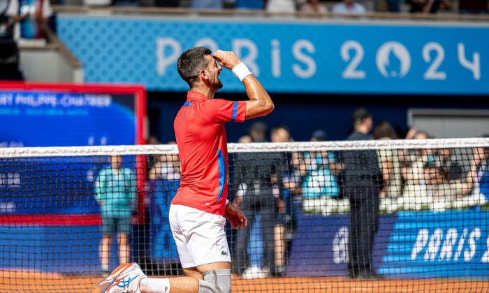 Paris, France. 04th Aug, 2024. Novak Djokovic of Serbia reacts after winning the mens singles tennis final between Novak Djokovic of Serbia and Carlos Alcaraz of Spain during the Olympic Games Paris 2024 at Court Philippe Chatrierat, Roland Garros, Paris,