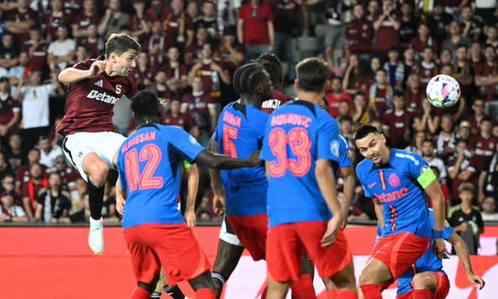 Prague, Czech Republic. 06th Aug, 2024. Kaan Kairinen of Sparta, left, scores a goal during the first leg of 3rd qualifying round match of football Champions League Sparta Praha vs FCSB (Romania) in Prague, Czech Republic, August 6, 2024. The goal was lat