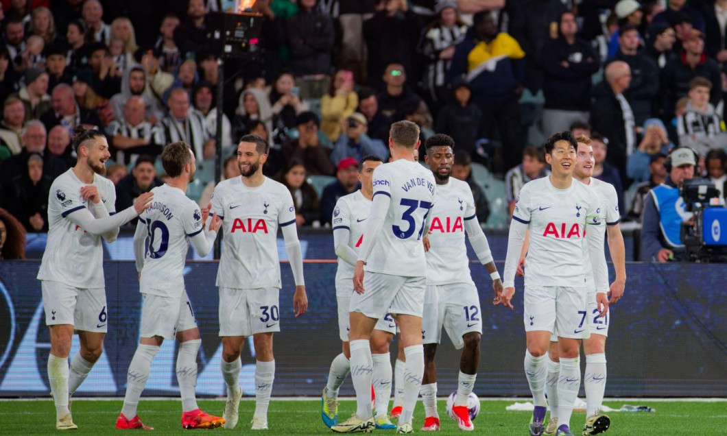 Tottenham players celebrate after scoring a goal during the Exhibition match between Tottenham and Newcastle at the MCG on May 22, 2024 in Melbourne,