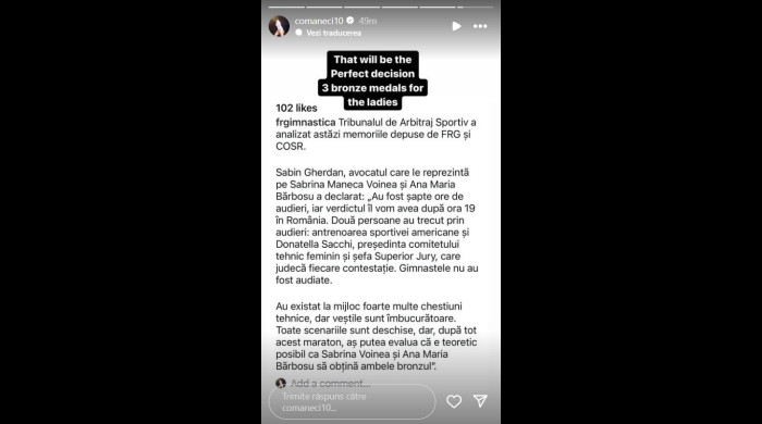 Mesajul postat de Nadia Comăneci, după încheierea audierilor la TAS / Foto: Instagram @comaneci10