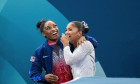 Paris, France. 05th Aug, 2024. US' Simone Biles (silver) and US' Jordan Chiles (bronze) after the final artistic gymnastics women's floor exercise event of the Paris 2024 Olympic Games at the Bercy Arena in Paris, on August 5, 2024. Photo by Eliot Blondet