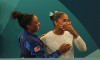 Paris, France. 5 August, 2024. Jordan Chiles (United States of America) and Simone Biles (United States of America) celebrate during the floor Final for women at Bercy Arena, Paris, France. Credit: Ulrik Pedersen/Alamy