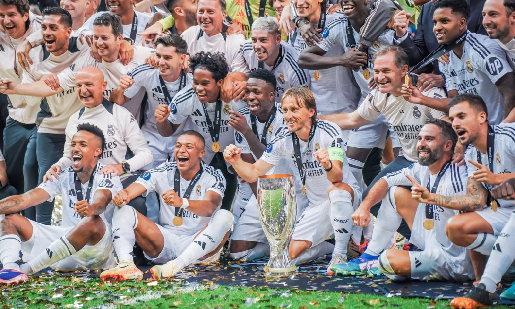 2024 UEFA Super Cup: Real Madrid vs. Atalanta Real Madrid lift the trophy after the 2024 UEFA Super Cup: Real Madrid vs.