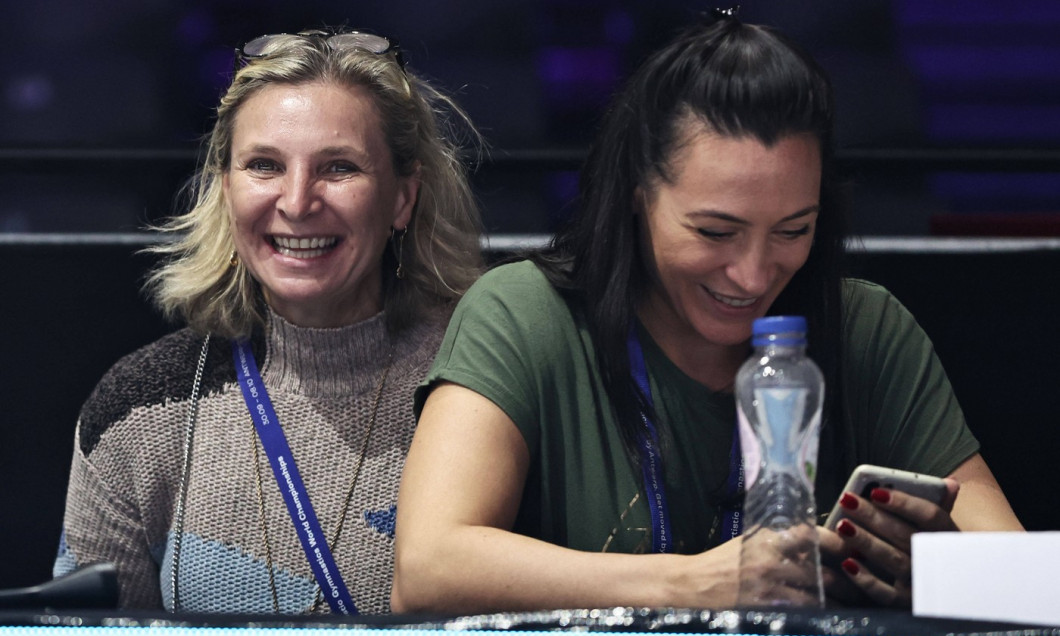 Former Roumanian gymnast Daniela Silivas, USA (right: Catalina Ponor, ROU), during podiumtraining at 2023 world champion