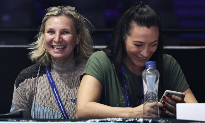 Former Roumanian gymnast Daniela Silivas, USA (right: Catalina Ponor, ROU), during podiumtraining at 2023 world champion