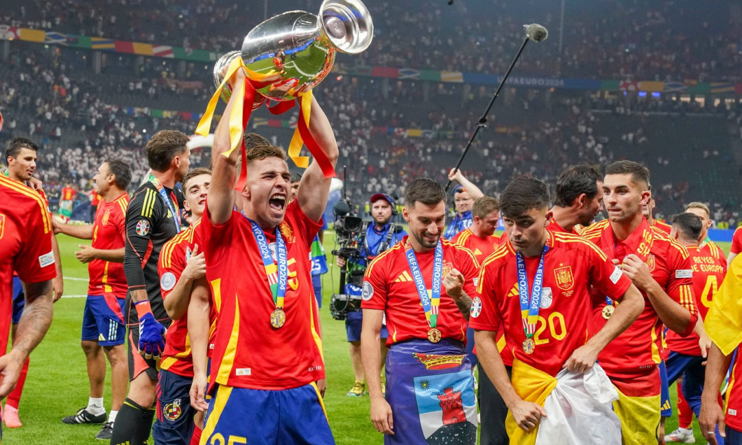 Spain v England Spain Forward Fermin Lopez Barcelona celebrates winning with trophy during the Spain v England UEFA EURO