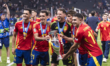 (L-R) Basque country players Mikel Merino, Mikel Oyarzabal, Goalkeeper Alejandro Remiro, Robin Le Normand and Martin Zub