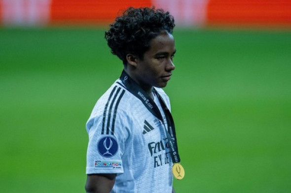 WARSAW, POLAND - AUGUST 14: Endrick of Real Madrid with a medal during the UEFA Super Cup 2024 match between Real Madrid and Atalanta BC at National S