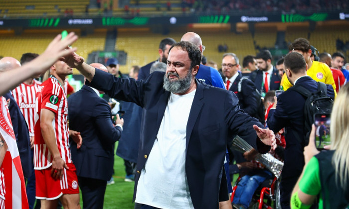 Olympiacos F.C. v ACF Fiorentina UEFA Europa Conference League Vangelis Marinakis chairman of Olympiacos F.C. celebrates