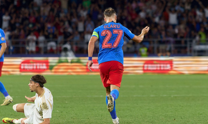 Bucharest, Romania. 13th Aug, 2024: Darius Olaru (C) celebrates after score against Sparta during the UEFA Champions League, third qualifying round 2nd leg football match between FCSB and AC Sparta Praha, at Steaua Stadium, in Bucharest. Credit: Lucian Al