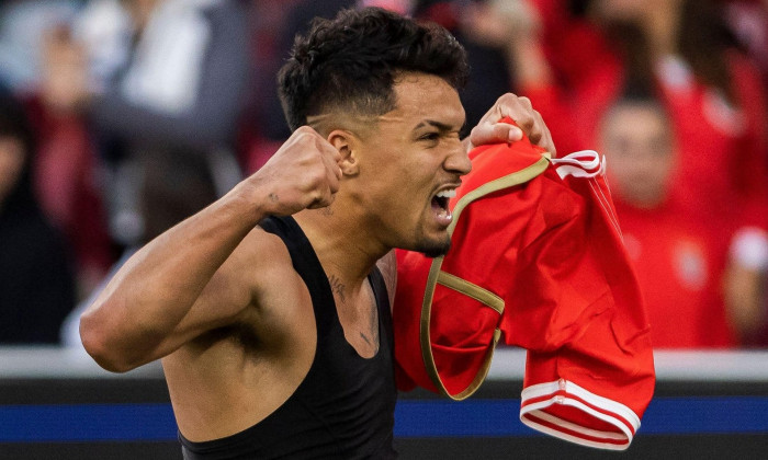 Lisbon, Portugal. 27th Apr, 2024. Fredrik Aursnes (L) and Marcos Leonardo (R) of SL Benfica seen celebrating a goal during the Liga Portugal Betclic football match between SL Benfica and SC Braga at Estadio da Luz Stadium. (Final score: SL Benfica 3 - 1 S