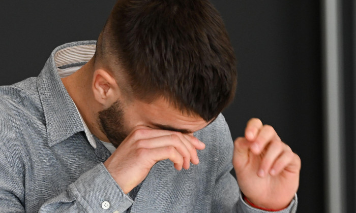 17 March 2023, Hesse, Frankfurt/Main: Mario Vuskovic, a professional soccer player from second-division club Hamburger SV, is rubbing his eyes before the start of the third hearing before the Sports Court of the German Football Association (DFB). Vuskovic